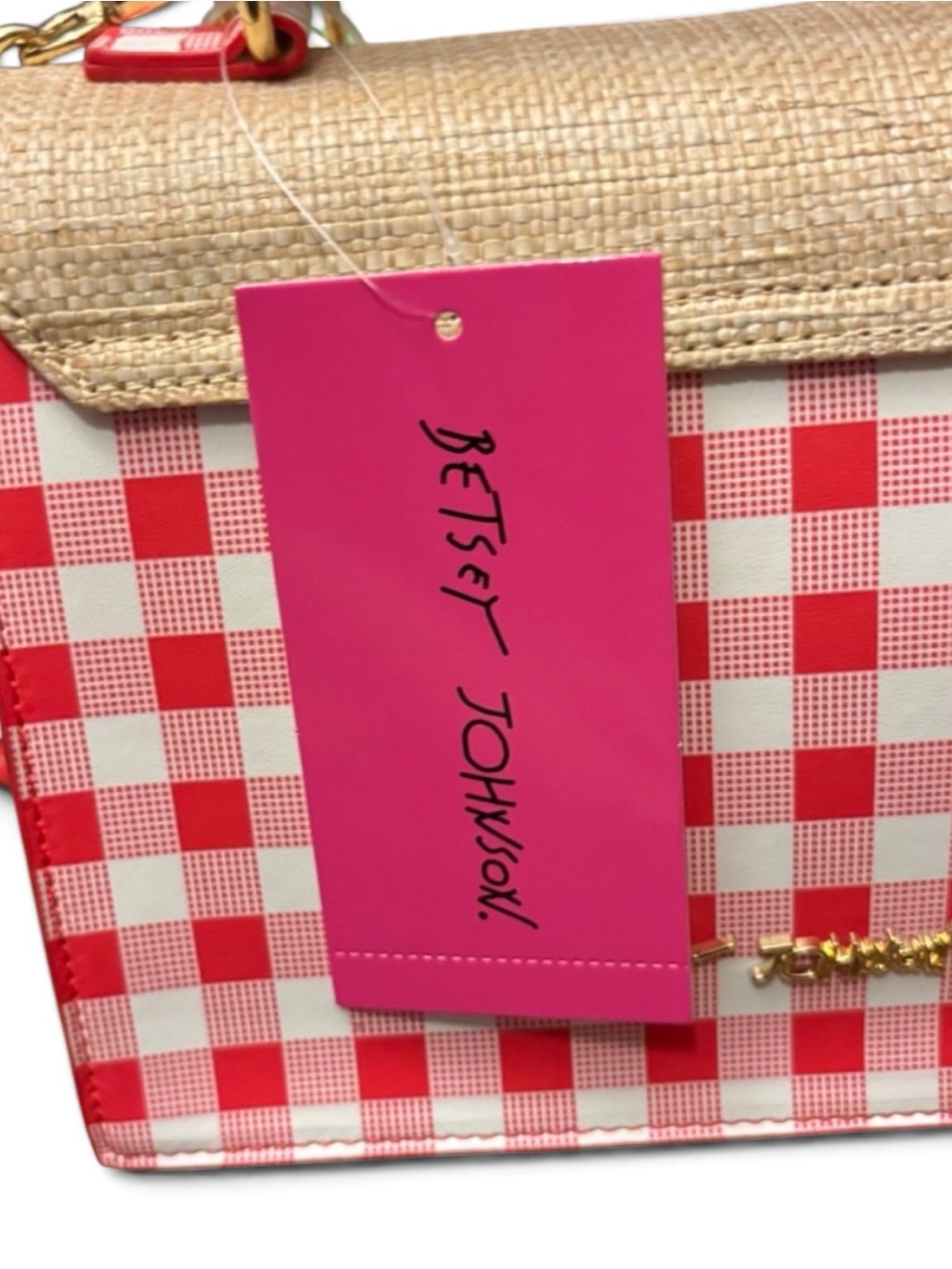 BETSEY Johnson strawberry gingham straw Crossbody bag NWT Red white picnic - Picture 10 of 13